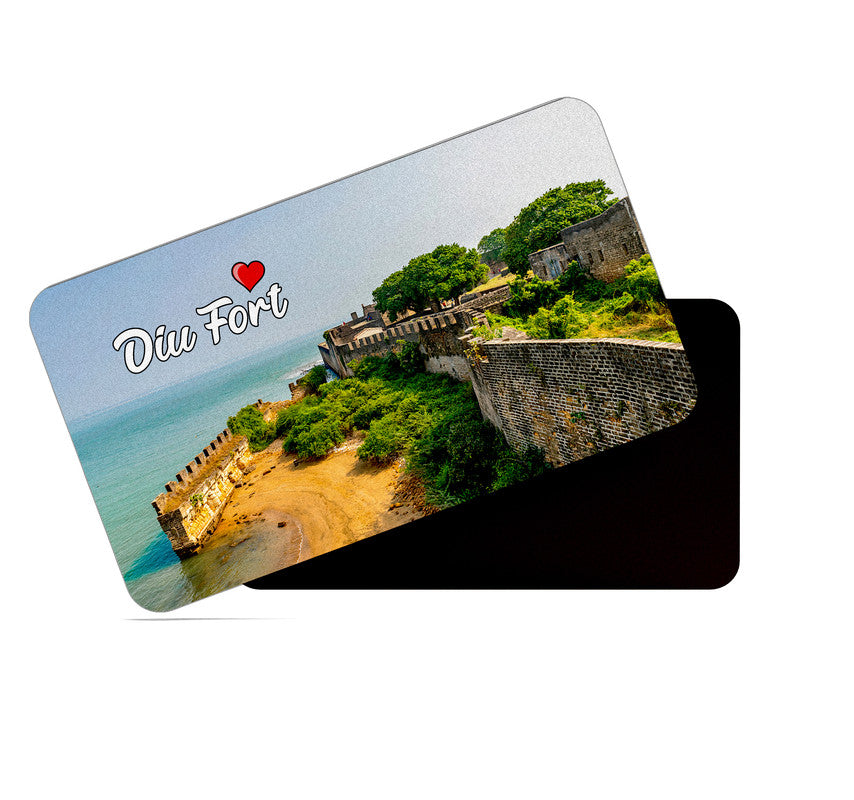 dhcrafts Rectangular Rubber Fridge Magnet / Magnetic Card Multicolor Diu Fort Design Pack of 1 (8.6cm x 5.4cm)